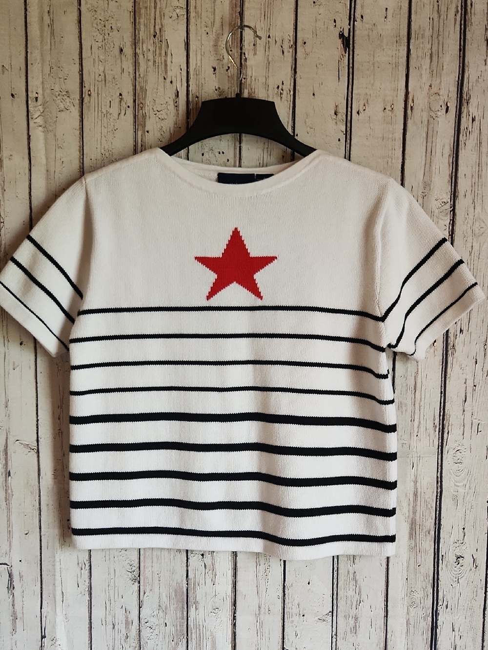 VTG Liz Claiborne Lizsport Nautical Knit Star Stripe Sweater Top Medium Cotton